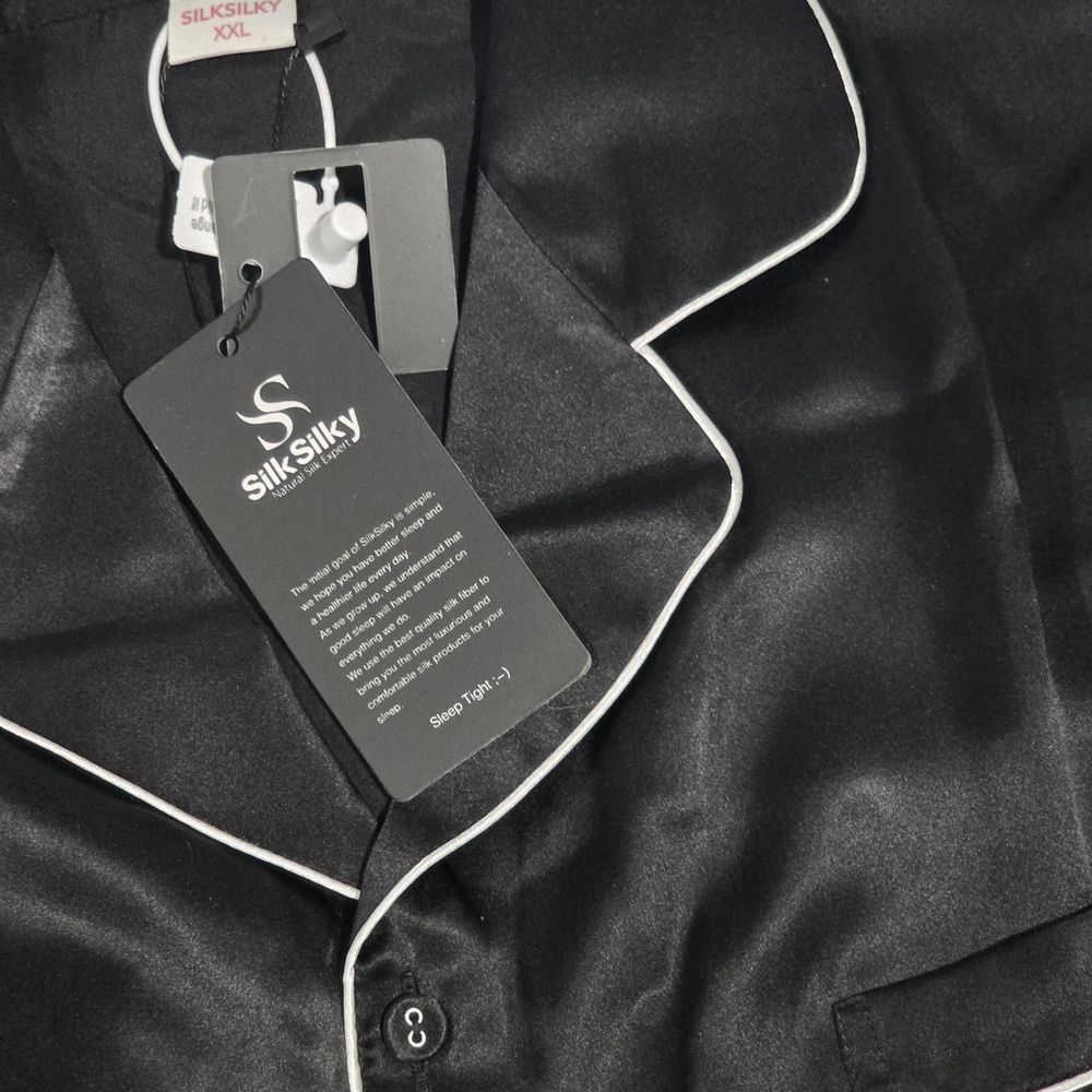 NWT Amazing Women's Black 100% Mulberry Silk  Pajama with White Piping, Size XXL - Picture 5 of 16